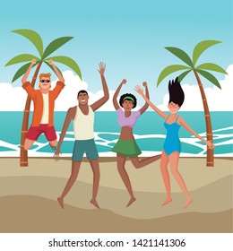 Young friends enjoying summer and jumping in swimsuit in the beach scenery vector illustration graphic design