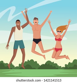 Young friends enjoying summer and jumping in swimsuit on nature outdoors scenery vector illustration graphic design