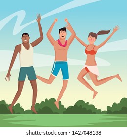 Young friends enjoying summer and jumping in swimsuit on nature outdoors scenery vector illustration graphic design