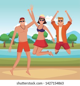 Young friends enjoying summer and jumping in swimsuit in nature park with river vector illustration graphic design