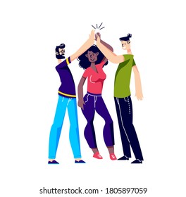Young friends group giving high five hand gesture together. Diverse team greeting with each other. Teamwork, friendship and support concept. Vector illustration