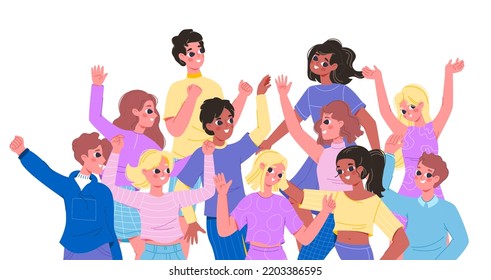 Young friends group portrait. Laughing happy teenagers team, youthful fans or protesters. Positive student community, diverse snugly vector people