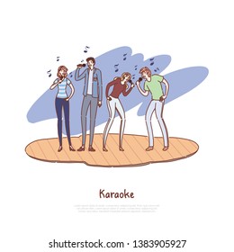 Young friends having fun together, happy men and women holding microphones, musical performance, karaoke concert banner
