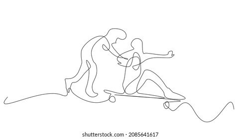 young friends having fun together. lovers are having happy moments together. They are having fun pushing the girl sitting on the skateboard and pushing the boyfriend from behind.