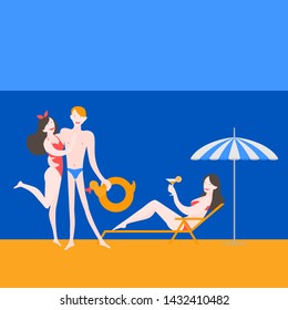 Young friends on the sea resort. Woman in underwear with cocktails relax in chaise lounge. People sunbathing on summer vacation in swimsuits. Happy Couple on the beach. Travel activity vector 