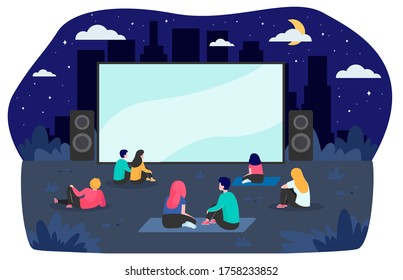 Young friends resting at backyard and watching movie flat vector illustration. Open air cinema at night. Entertainment, vacation and weekend concept