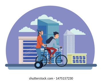 Young friends riding bike and electric scooter in the city urban buildings scenery in the city urban scenery background ,vector illustration graphic design.