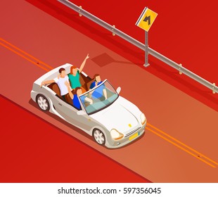 Young friends riding open top white luxury convertible car isometric poster with red colored background vector illustration