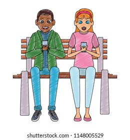 Young friends seated at chair chatting using smatphones scribble