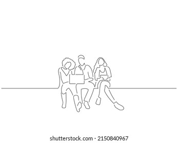 Young friends sitting in line art drawing style. Composition of a group of people using technology. Black linear sketch isolated on white background. Vector illustration design.