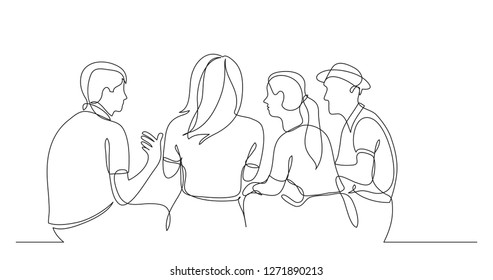 young friends sitting and talking together - one line drawing