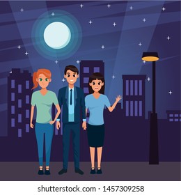 Young friends smiling and greeting with formal clothes in the city urban scenery background at night ,vector illustration graphic design.