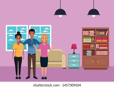 Young friends smiling and greeting with formal clothes inside home living room with sofa and library scenery ,vector illustration graphic design.