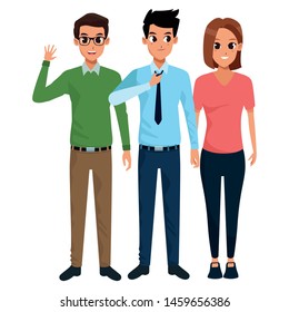 Young friends smiling and greeting with formal clothes vector illustration graphic design