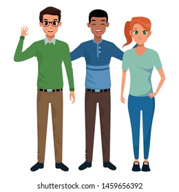 Young friends smiling and greeting with formal clothes vector illustration graphic design