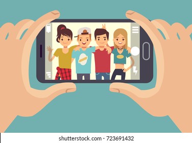 Young friends teenagers taking photo with smartphone. Friendship vector concept. Friends photo on smartphone camera, portrait happy people illustration