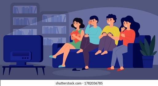 Young Friends Watching Horror Movie Together Isolated Flat Vector Illustration. Cartoon Girls And Guys Sitting On Sofa In Dark Living Room. TV, Fear And Entertainment Concept