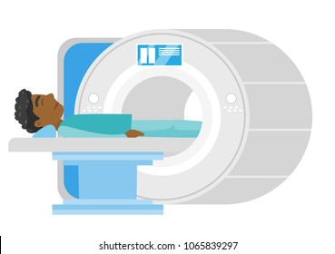 Young frightened african-american man undergoes a magnetic resonance imaging scan test. MRI scanner scanning a patient. Health care concept. Vector cartoon illustration isolated on white background.