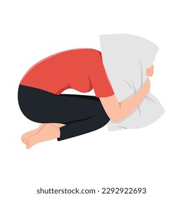 Young frightened depressed woman lying alone on bed in fetal position covering head with pillow. Flat vector illustration isolated on white background