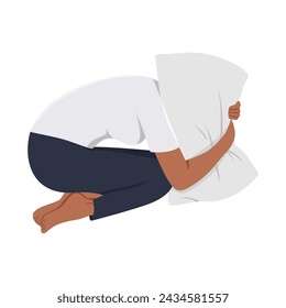 Young frightened depressed woman lying alone on bed in fetal position covering head with pillow. Flat vector illustration isolated on white background