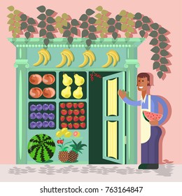 Young fruit seller invites to his store. Vector illustration eps 10