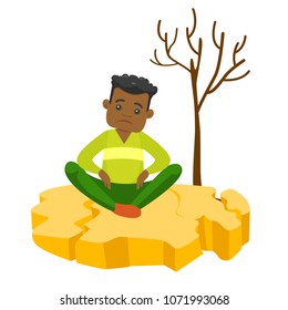 Young frustrated african-american man sitting on cracked earth near dry tree because of drought. Concept of climate change and global warming. Vector cartoon illustration isolated on white background.