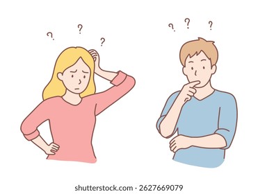 Young frustrated couple man and woman standing touching faces feeling doubt with question marks above. Frustration, challenge and question concept. Hand drawn style vector design illustrations.