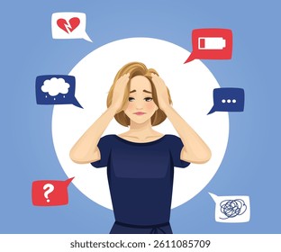 Young frustrated upset sad business woman in pink suit vector illustration on grey background