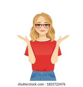 Young frustrated woman with glasses in casual style clothes isolated vector illustration