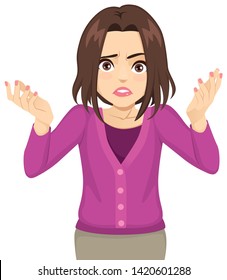 Young frustrated woman raising hands up shrugging showing disbelief expression gesture