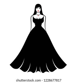 a young full-figured woman in an elegant long fluffy black evening dress