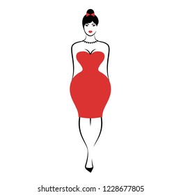 a young full-figured woman in an elegant short form-fitting red cocktail dress