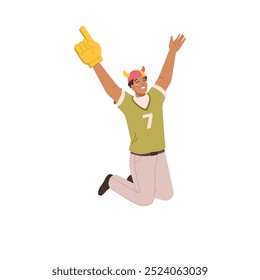 Young fun man fan wearing yellow t-shirt cheer up support football sport team. Vector guy in bulls cap supporting his favorite team, watch tv live stream or match championship scream and jump