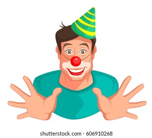 Young fun man head clown. Isolated on white vector cartoon illustration