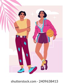 Young funky couple standing in trendy colourful clothes. Sporty tall girl with a ball and athletic boy on an abstract background.