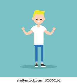 Young funny blond boy demonstrating his strength / editable flat vector illustration