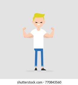 Young funny blond boy demonstrating his strength / editable flat vector illustration