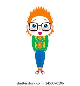 Young funny boy in glasses flat vector illustration. Smart schoolboy standing and thinking isolated cartoon character on white background. Smiling ginger schoolkid showing tongue design element