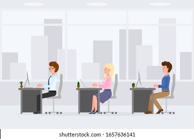 Young, funny business workers sitting at desk, typing on computer, desktop, laptop vector illustration. Man and woman colleagues in office interior cartoon character