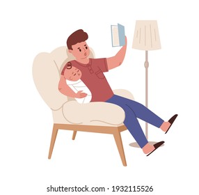 Young Funny Father Sitting In Chair And Reading Book For Newborn Baby. Dad With Sleeping Infant. Colored Flat Cartoon Vector Illustration Of Paternity Leave And Fatherhood Isolated On White Background