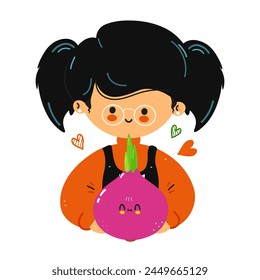 Young funny girl hold red onion in hand. Happy girl hugs cute onion. Vector hand drawn doodle style cartoon character illustration icon design