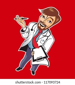 Young funny good doctor with pen and recipe