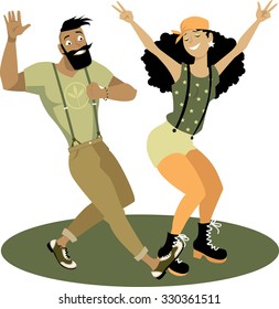 Young funny hipster couple dancing on a circular stage, EPS 8 vector illustration, no transparencies