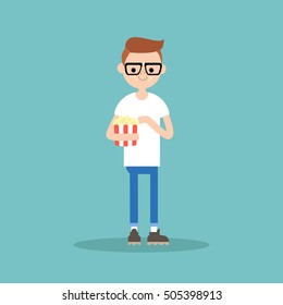 young funny nerd chewing popcorn / full length character. flat vector cartoon.