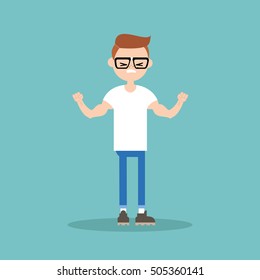 Young funny nerd demonstrating his strength / editable flat vector illustration