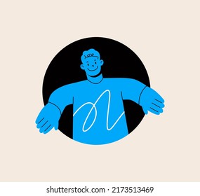 Young funny people coming, jumping, looking through and out of holes. Happy enthusiastic lively men. Search, explore concept. Colorful vector illustration