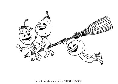 young funny pumpkins flying on a broom, concept of halloween holiday party, vector illustration with black ink contour lines isolated on a white background in a cartoon & hand drawn style