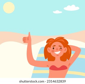 young funny redhead girl sunbathes on beach, shows like, enjoys summer.