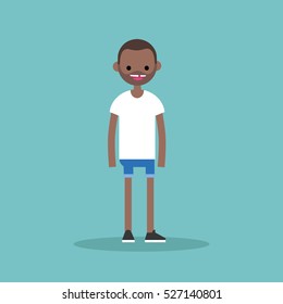 Young funny toothless black man standing and smiling / flat editable vector illustration, clip art