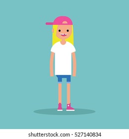 Young funny toothless blond girl standing and smiling / flat editable vector illustration, clip art